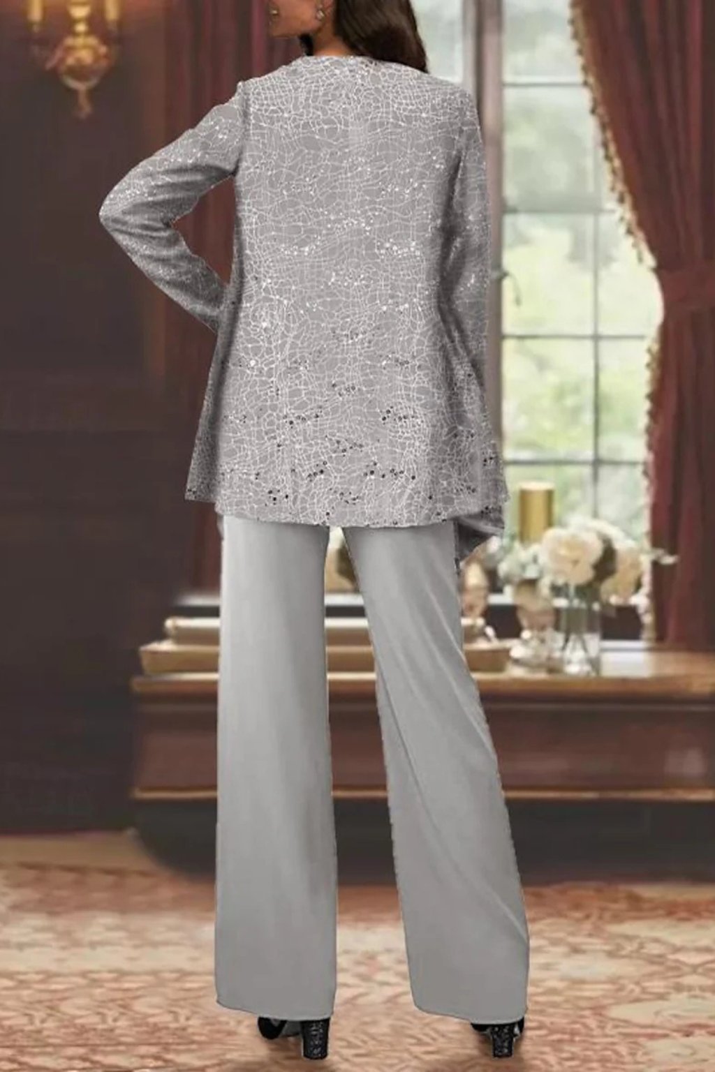 Women's 3-piece Set With Sequined Jacket, Top, And Palazzo Pants – An Elegant Outfit For Weddings, Parties, And Special Occasions