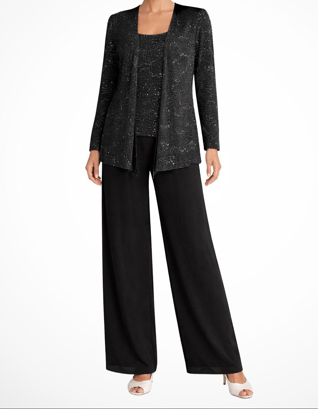 Women's 3-piece Set With Sequined Jacket, Top, And Palazzo Pants – An Elegant Outfit For Weddings, Parties, And Special Occasions