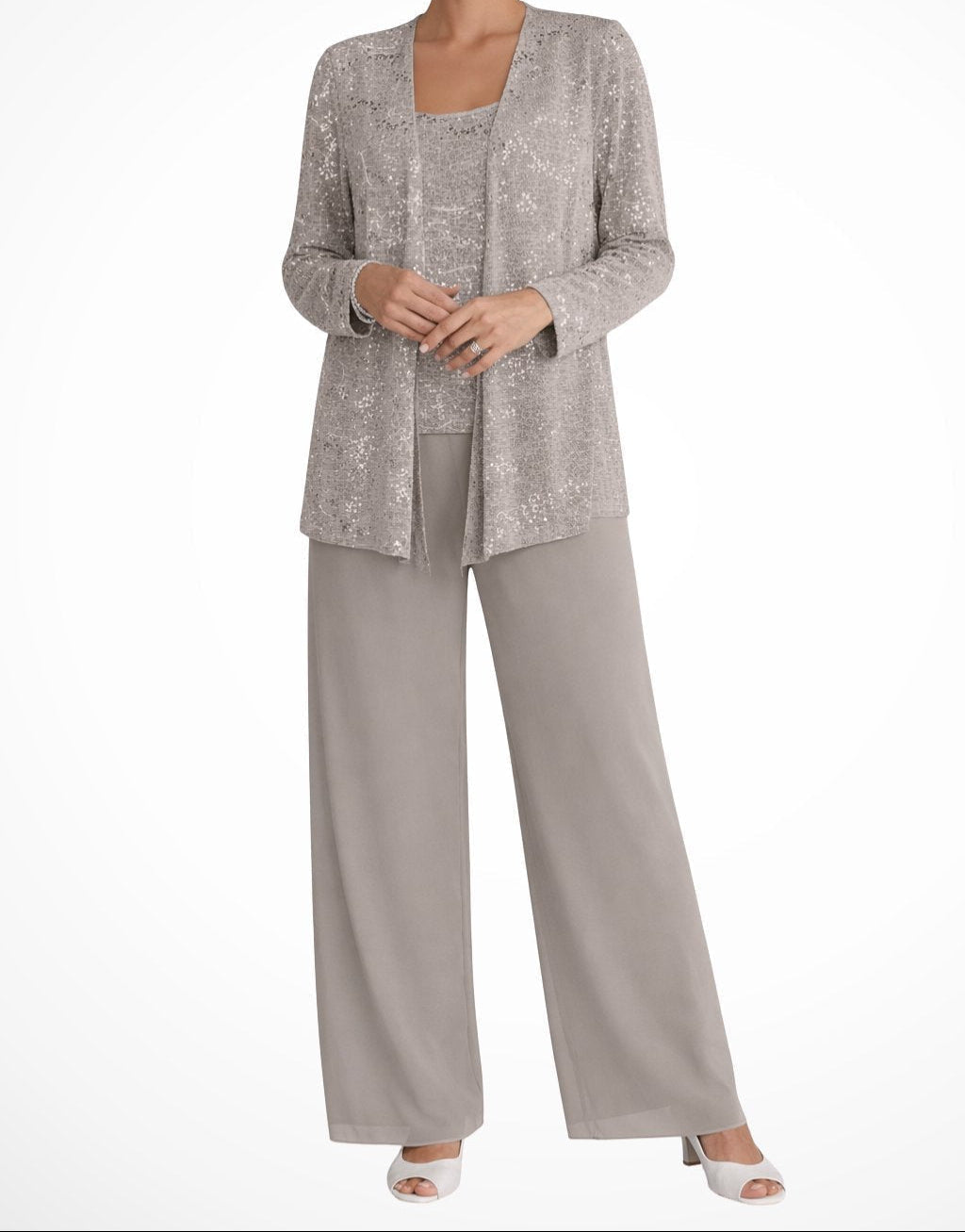 Women's 3-piece Set With Sequined Jacket, Top, And Palazzo Pants – An Elegant Outfit For Weddings, Parties, And Special Occasions