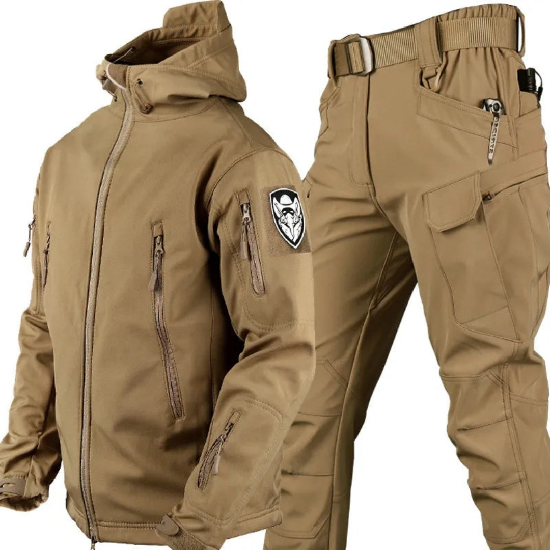 Men's Windproof Tactical Outdoor Set With Hooded Jacket And Cargo Pants – Water-repellent Utility Set For Hiking, Leisure, And Outdoor Use