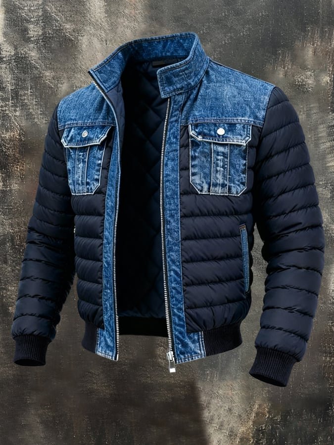 Men's Denim-panel Puffer Jacket - Insulated Bomber-style Winter Coat With Utility Pockets