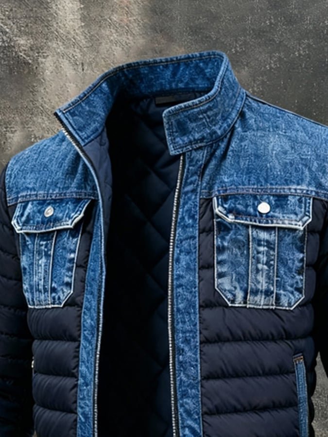 Men's Denim-panel Puffer Jacket - Insulated Bomber-style Winter Coat With Utility Pockets