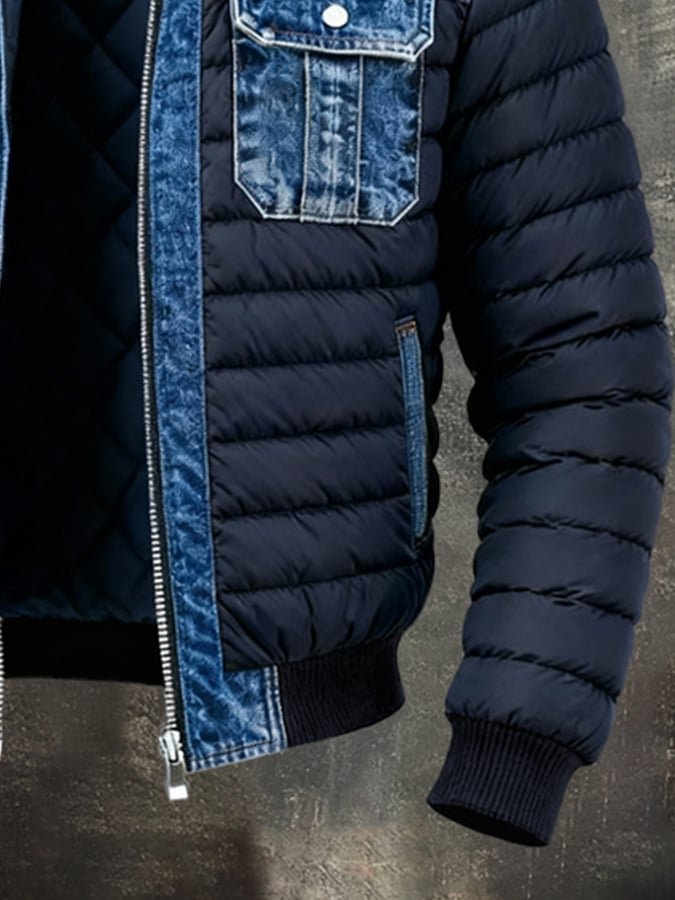 Men's Denim-panel Puffer Jacket - Insulated Bomber-style Winter Coat With Utility Pockets
