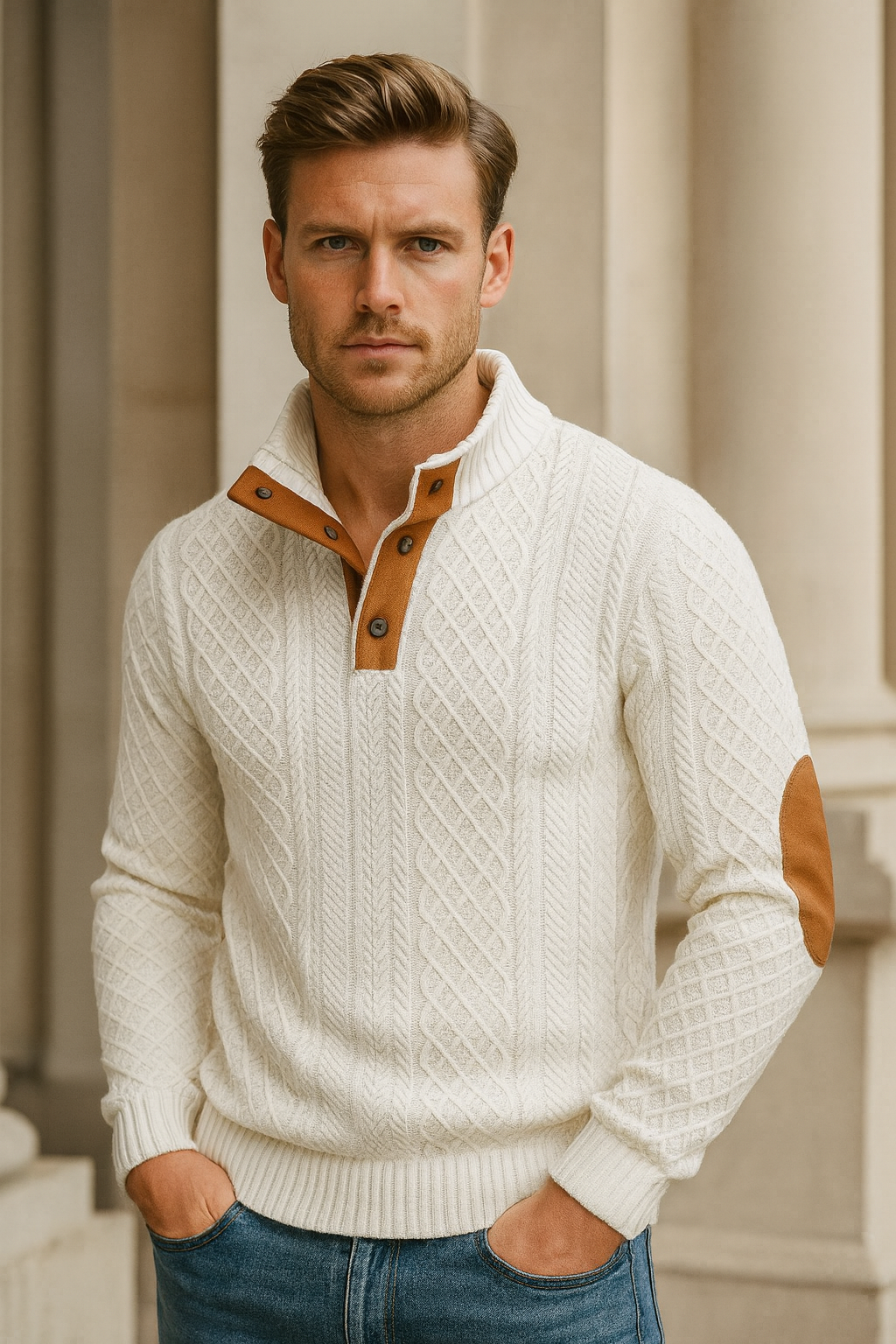 Bastien | Men Classic Jacquard Knit Button Collar Sweater