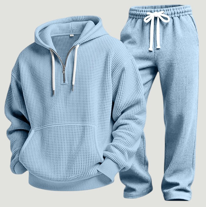 Men's Waffle-knit Tracksuit With A Half-zip Hoodie And Joggers – A Casual Set For Travel, Leisure, And Relaxation