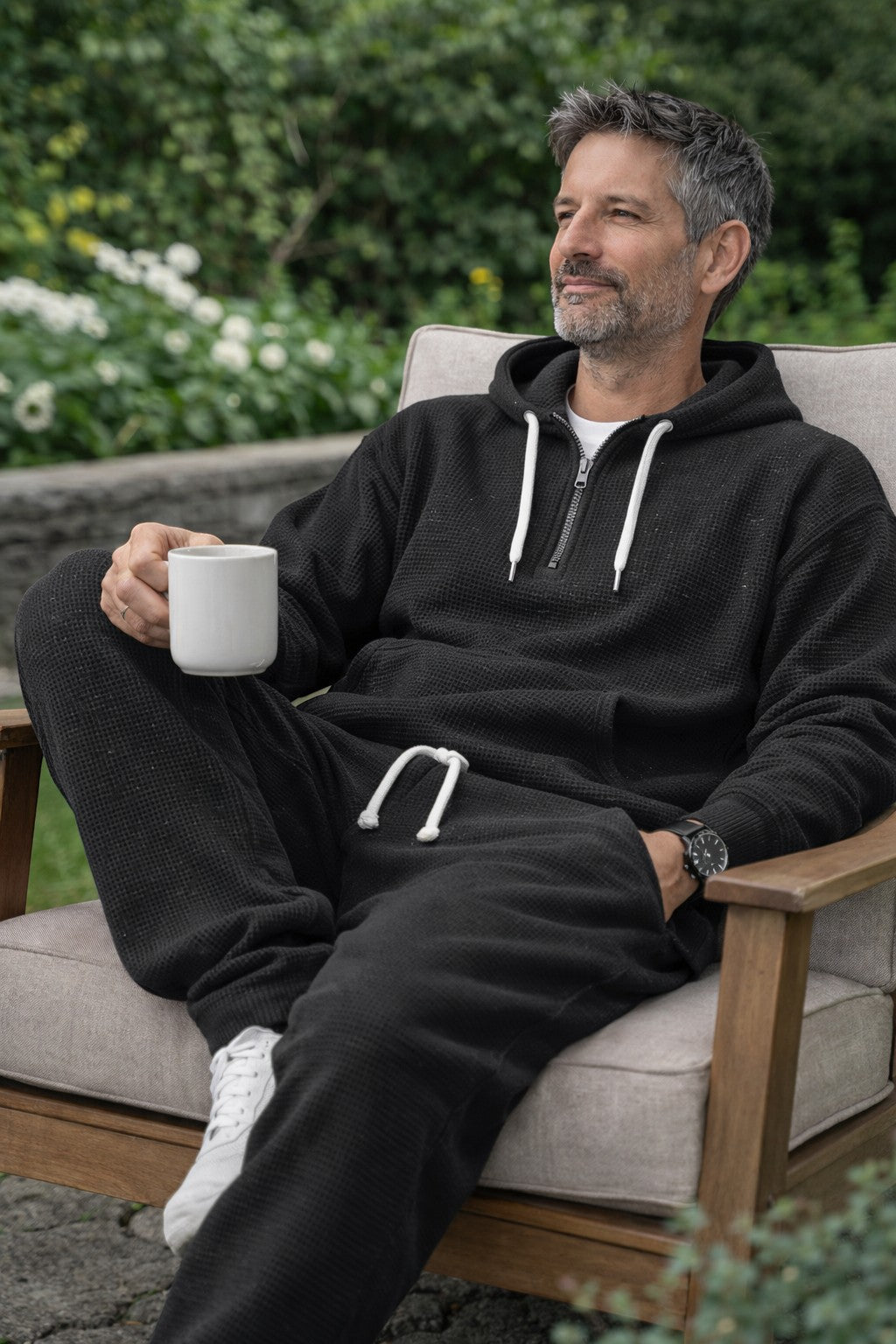 Men's Waffle-knit Tracksuit With A Half-zip Hoodie And Joggers – A Casual Set For Travel, Leisure, And Relaxation