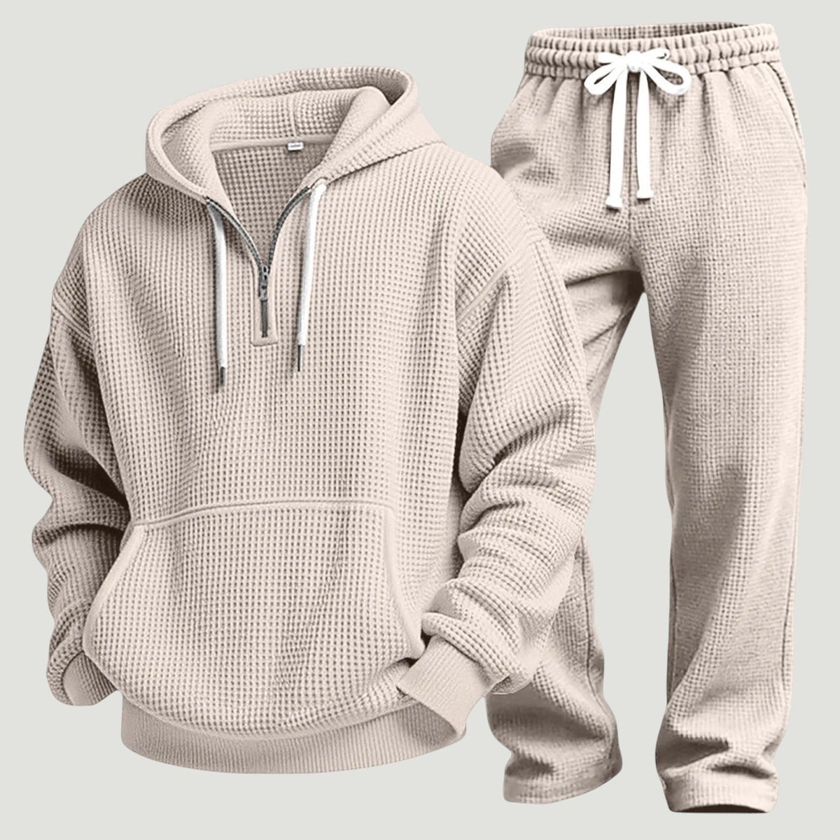 Men's Waffle-knit Tracksuit With A Half-zip Hoodie And Joggers – A Casual Set For Travel, Leisure, And Relaxation