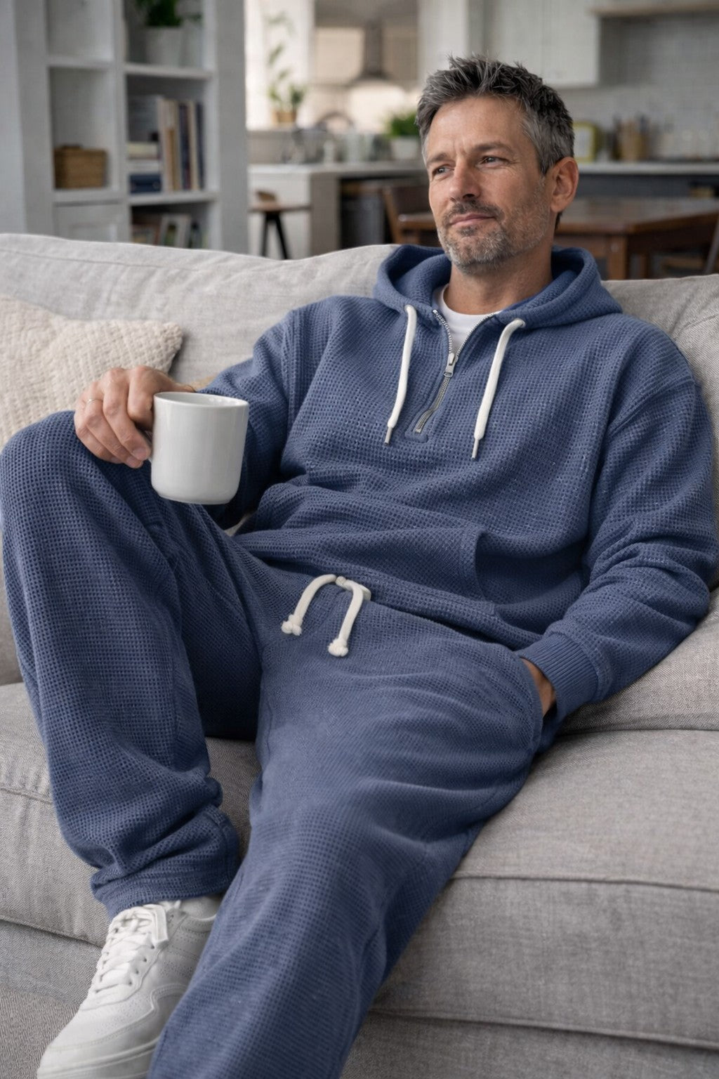 Men's Waffle-knit Tracksuit With A Half-zip Hoodie And Joggers – A Casual Set For Travel, Leisure, And Relaxation
