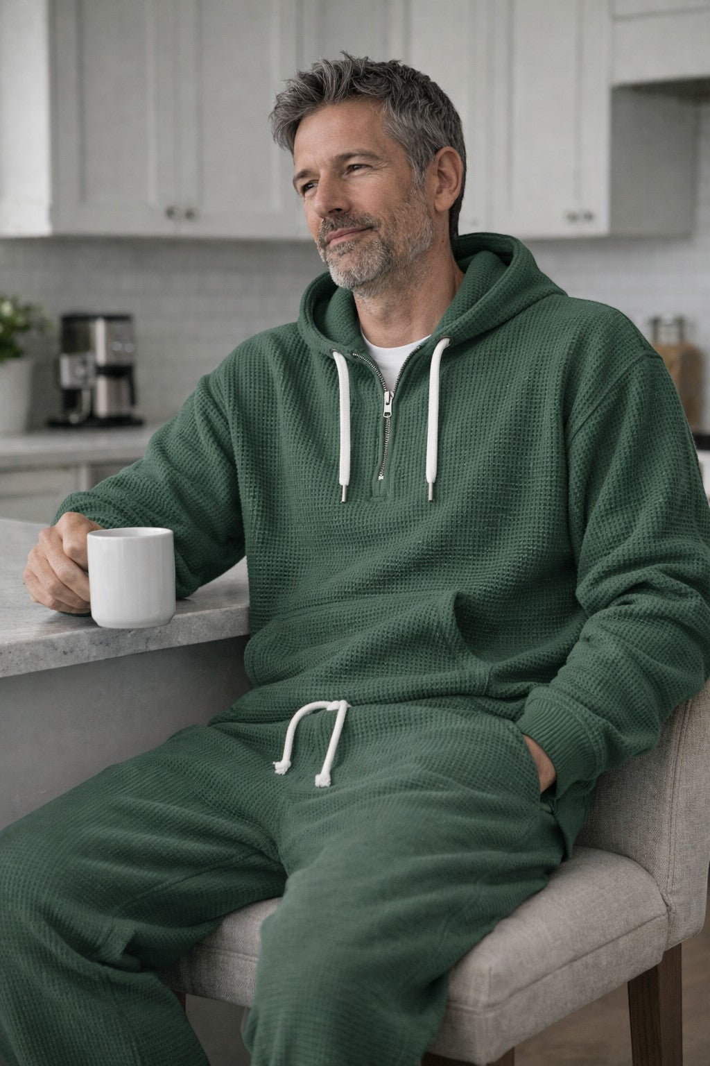 Men's Waffle-knit Tracksuit With A Half-zip Hoodie And Joggers – A Casual Set For Travel, Leisure, And Relaxation