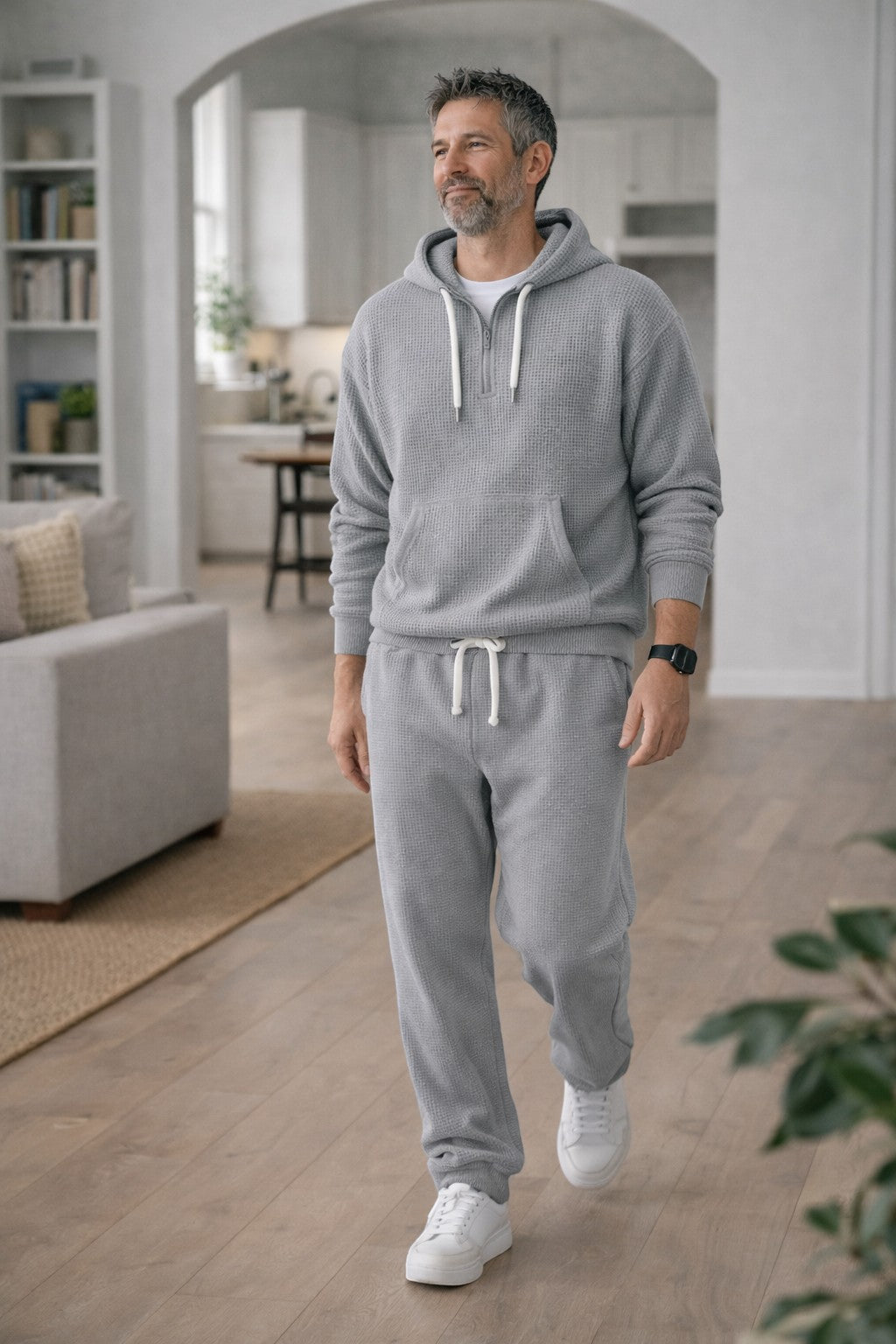 Men's Waffle-knit Tracksuit With A Half-zip Hoodie And Joggers – A Casual Set For Travel, Leisure, And Relaxation