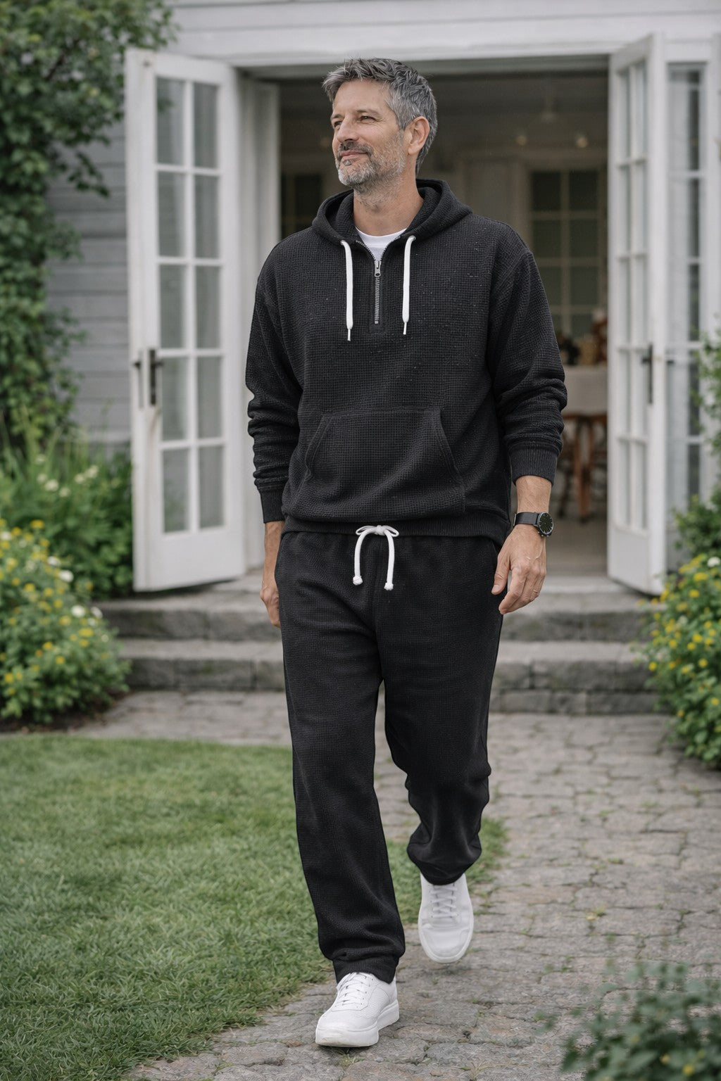 Men's Waffle-knit Tracksuit With A Half-zip Hoodie And Joggers – A Casual Set For Travel, Leisure, And Relaxation