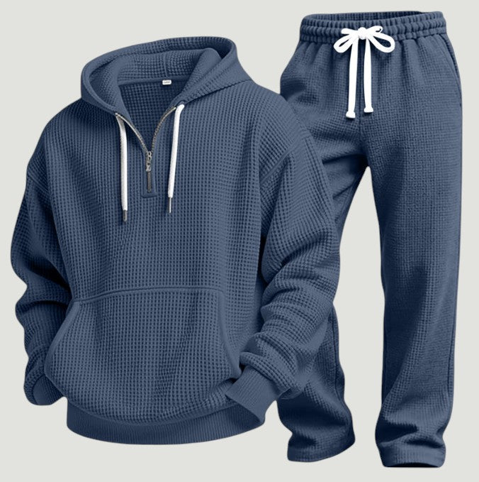 Men's Waffle-knit Tracksuit With A Half-zip Hoodie And Joggers – A Casual Set For Travel, Leisure, And Relaxation