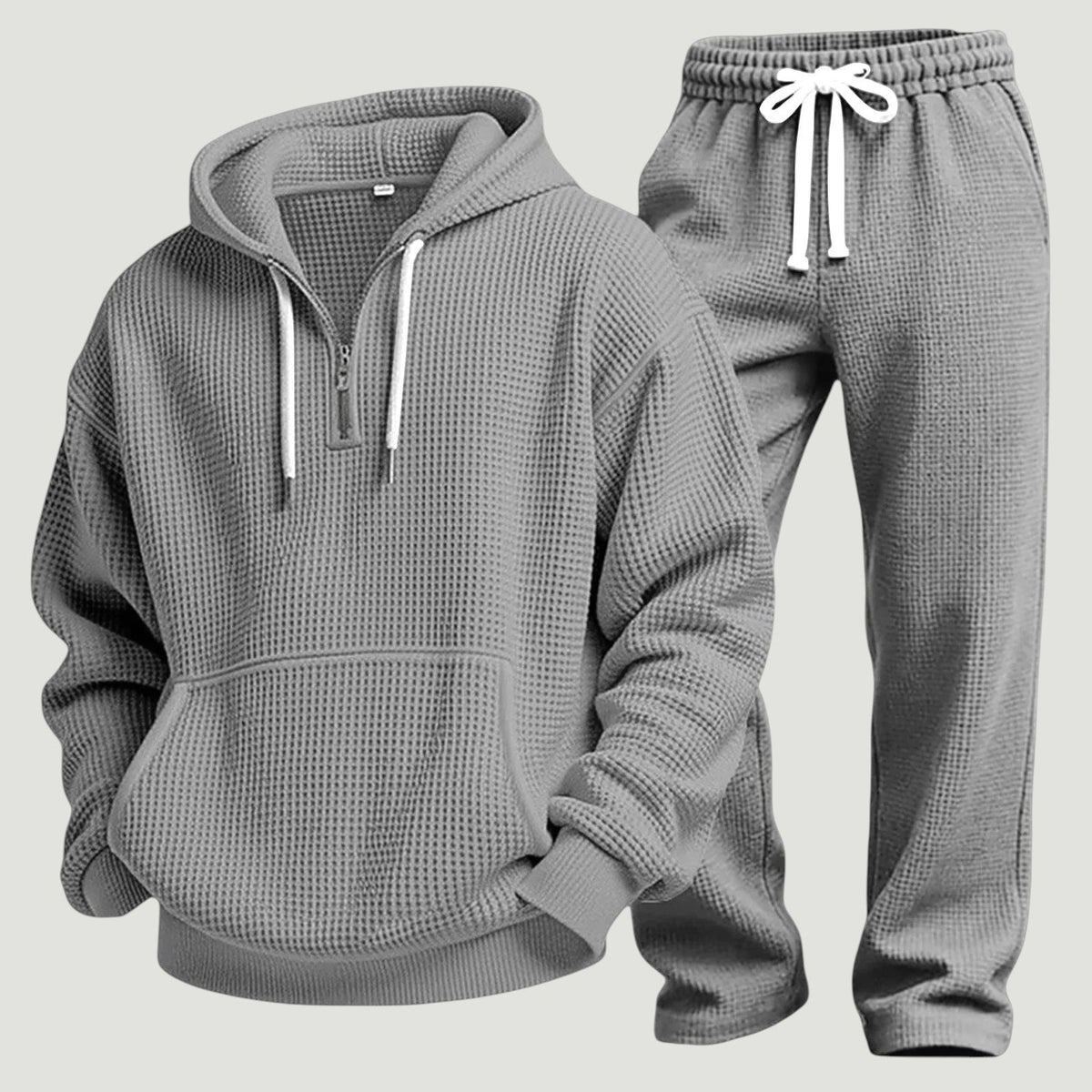 Men's Waffle-knit Tracksuit With A Half-zip Hoodie And Joggers – A Casual Set For Travel, Leisure, And Relaxation