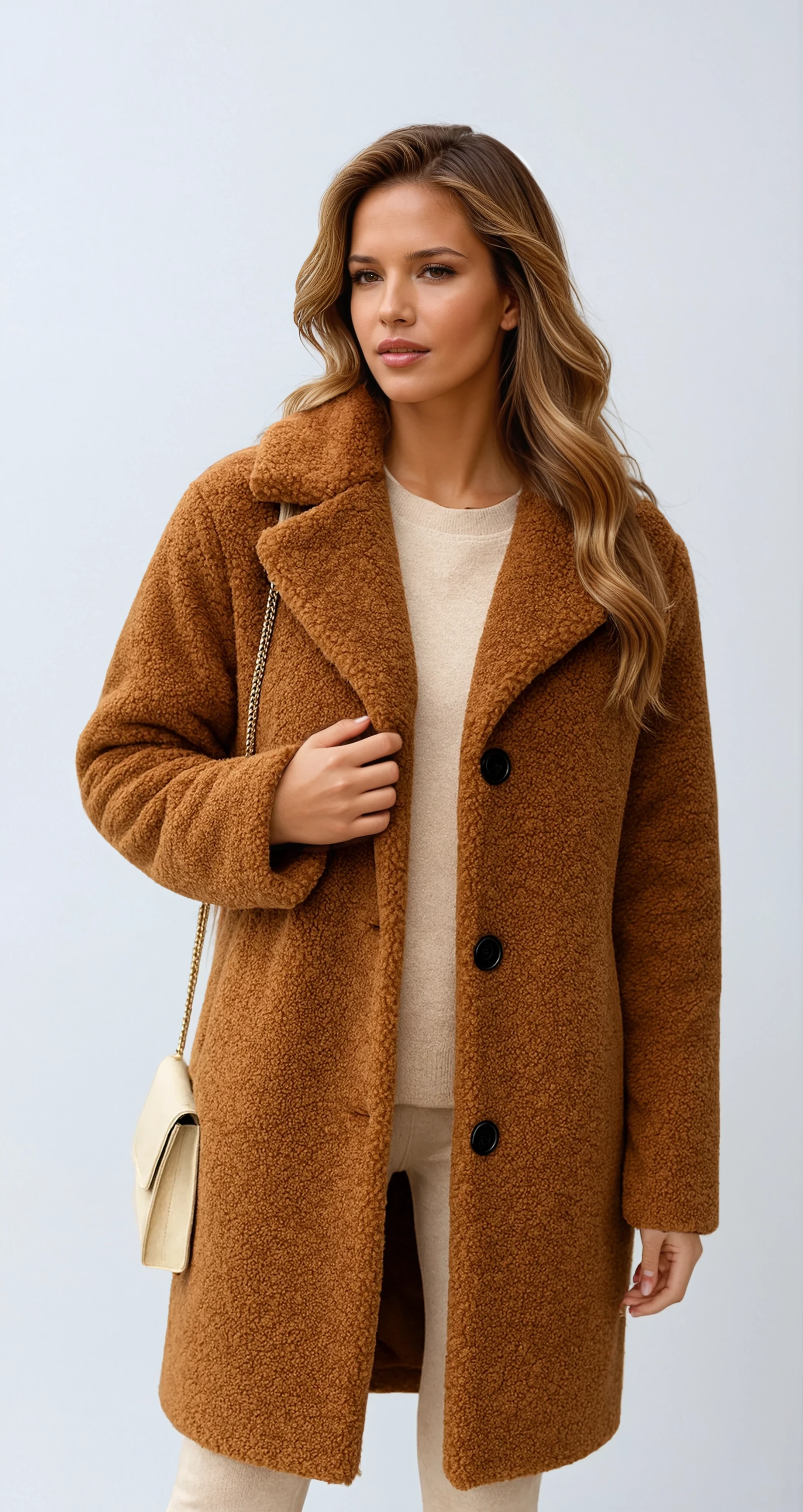 Nicolina - Long Fleece Coat with Buttons, Warm Winter Coat for Women