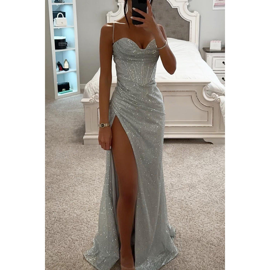 Women's Sparkly Maxi Dress With A Slit – Elegant Evening Gown For Parties, Weddings, Galas, And Special Occasions