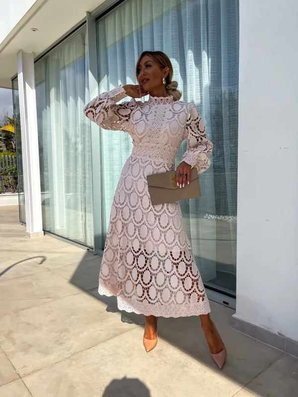 Women's Lace Midi Dress With Long Sleeves – Elegant Party Dress For Weddings, Summer Parties, And Special Occasions