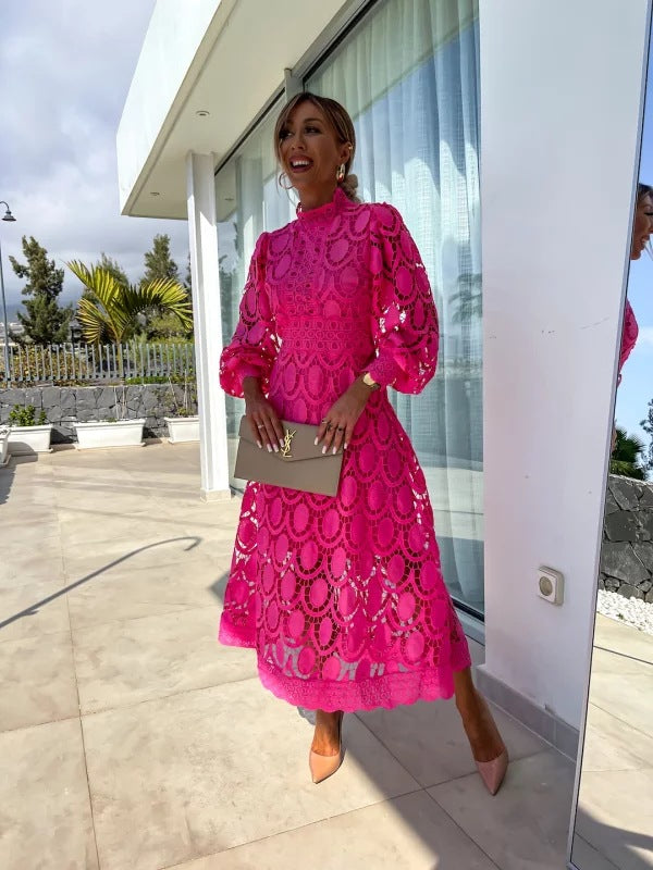 Women's Lace Midi Dress With Long Sleeves – Elegant Party Dress For Weddings, Summer Parties, And Special Occasions