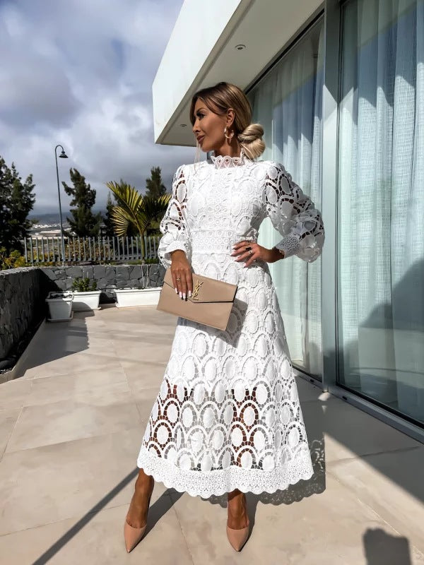 Women's Lace Midi Dress With Long Sleeves – Elegant Party Dress For Weddings, Summer Parties, And Special Occasions