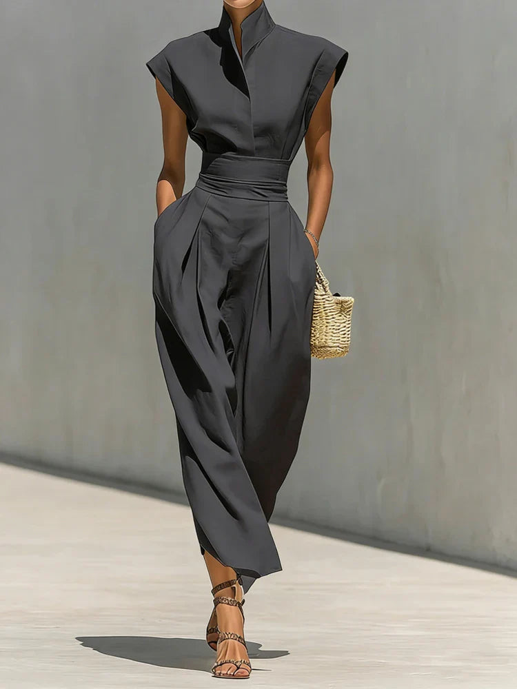 Women's Structured MIDI Dress With A Stand-up Collar And Tailored Fit – An Elegant Dress For The Office, Parties, And Evening Wear