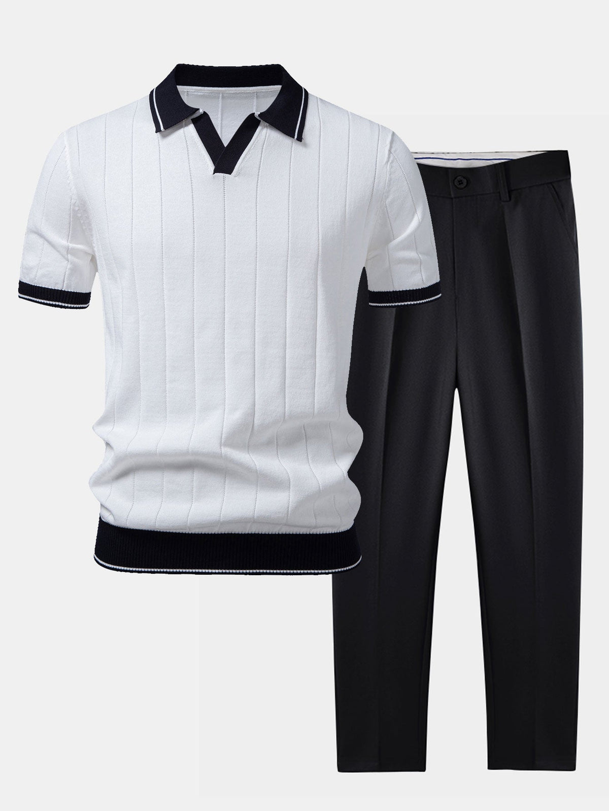 Men's Knit Polo and Tapered Trousers Set - Smart Casual Two Piece Outfit for Everyday Wear