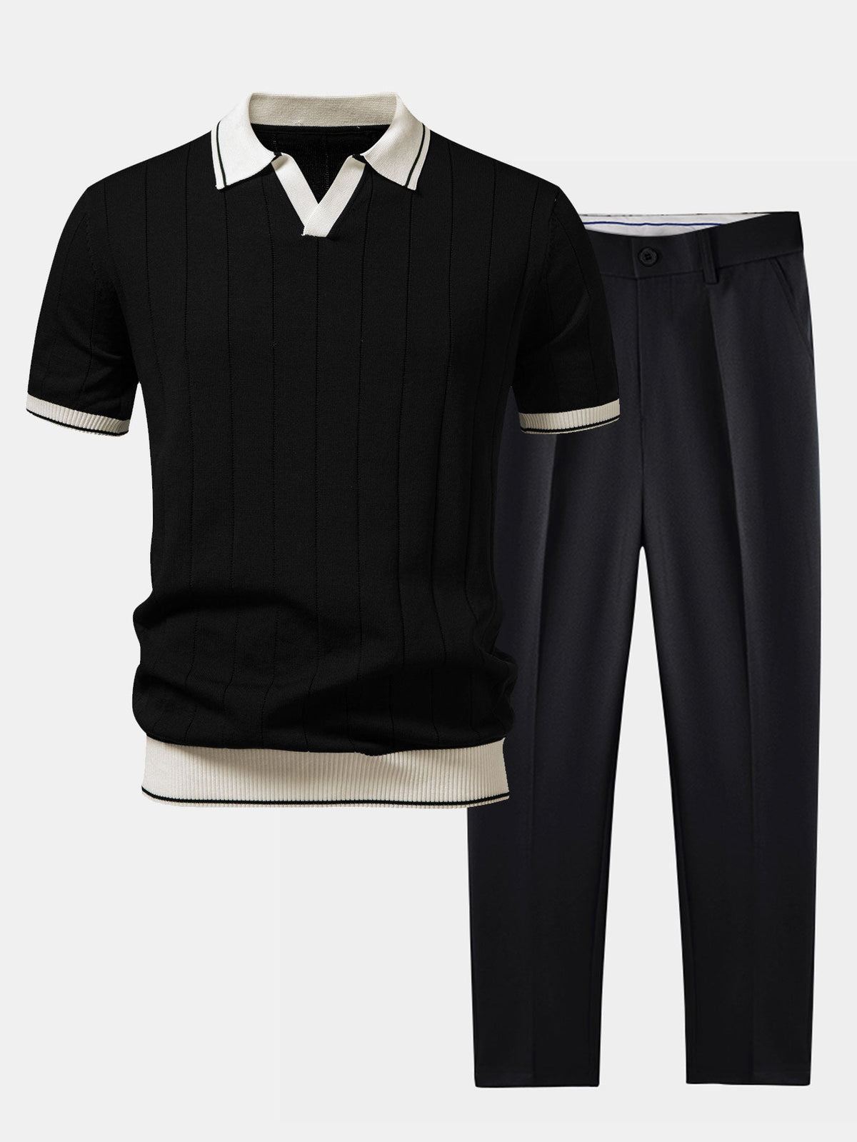 Men's Knit Polo and Tapered Trousers Set - Smart Casual Two Piece Outfit for Everyday Wear