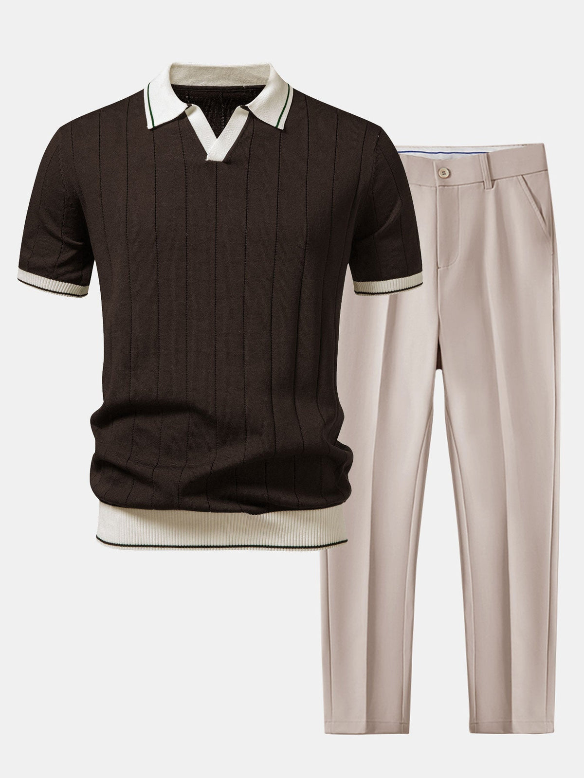 Men's Knit Polo and Tapered Trousers Set - Smart Casual Two Piece Outfit for Everyday Wear