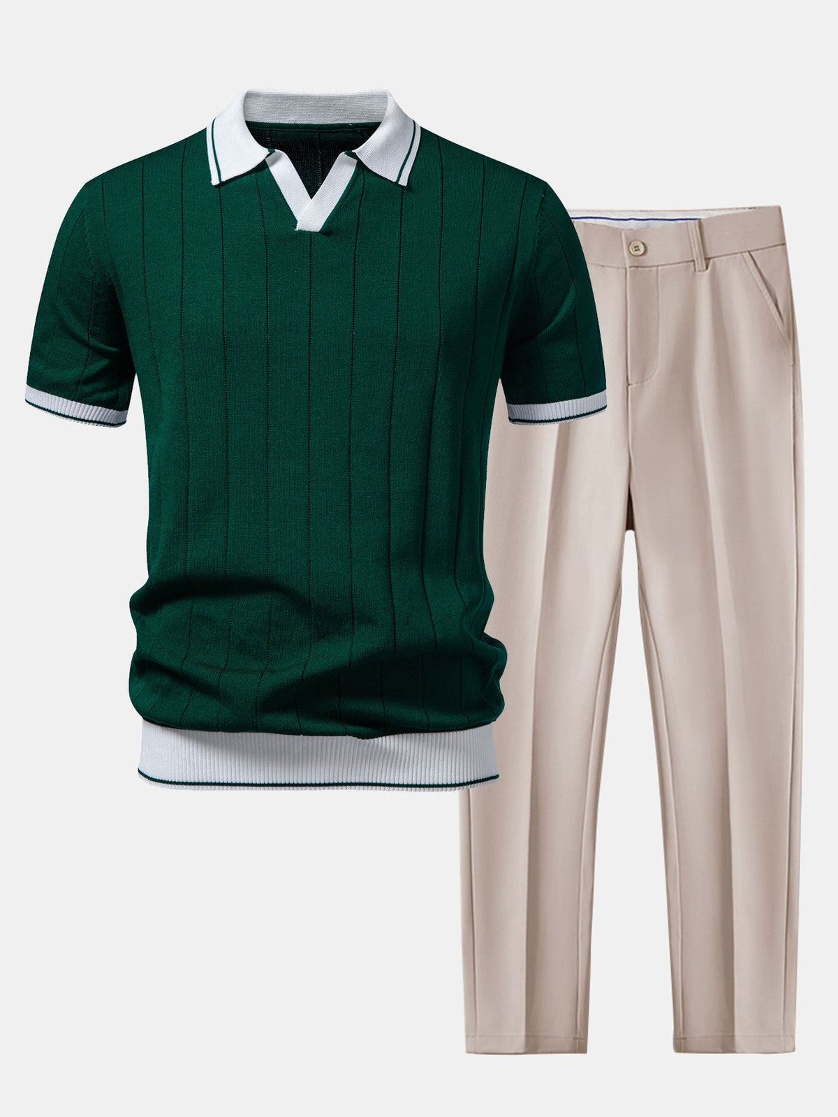 Men's Knit Polo and Tapered Trousers Set - Smart Casual Two Piece Outfit for Everyday Wear