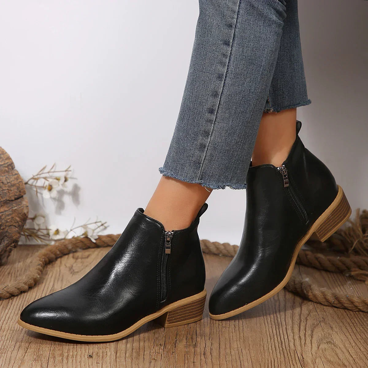 Mila | Women Black Leather Side Zip Low Heel Ankle Boots