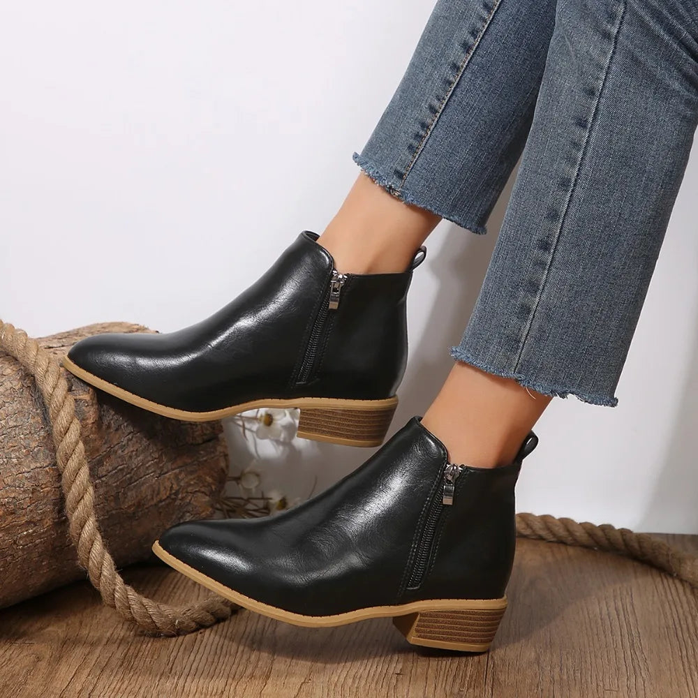 Mila | Women Black Leather Side Zip Low Heel Ankle Boots