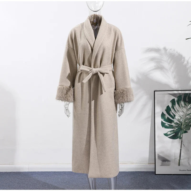 Antonia - Women's Tweed Coat with Belt and Faux Fur