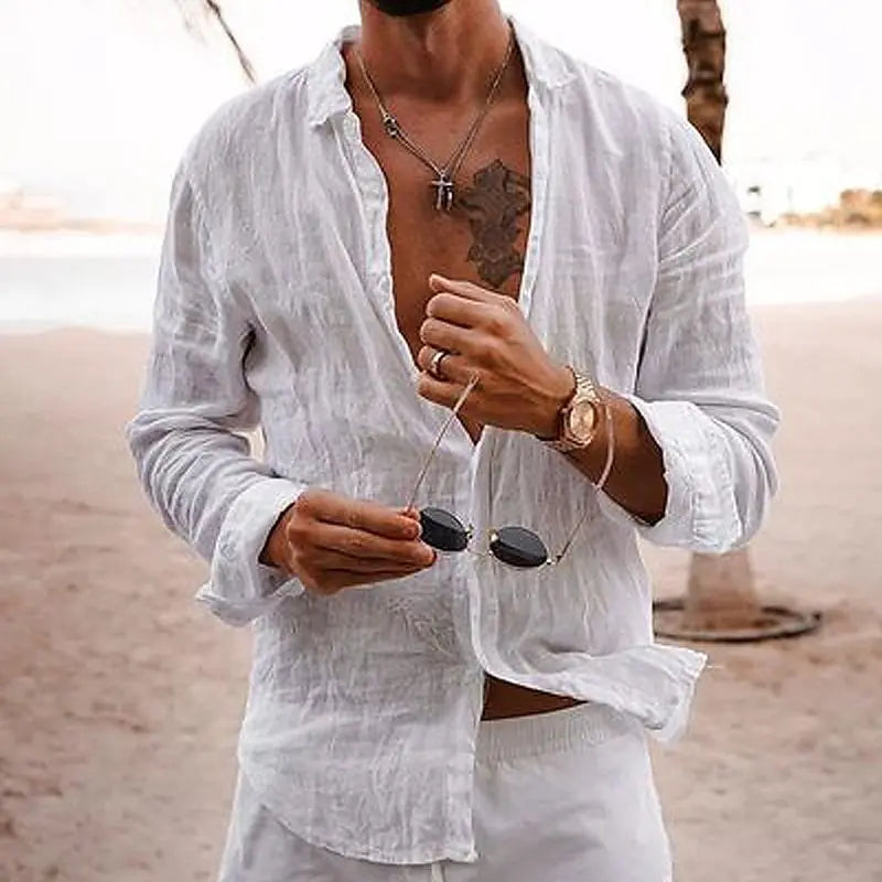 Men's Linen Shirt - Long-sleeve Casual Beach Shirt For Summer And Holiday Wear