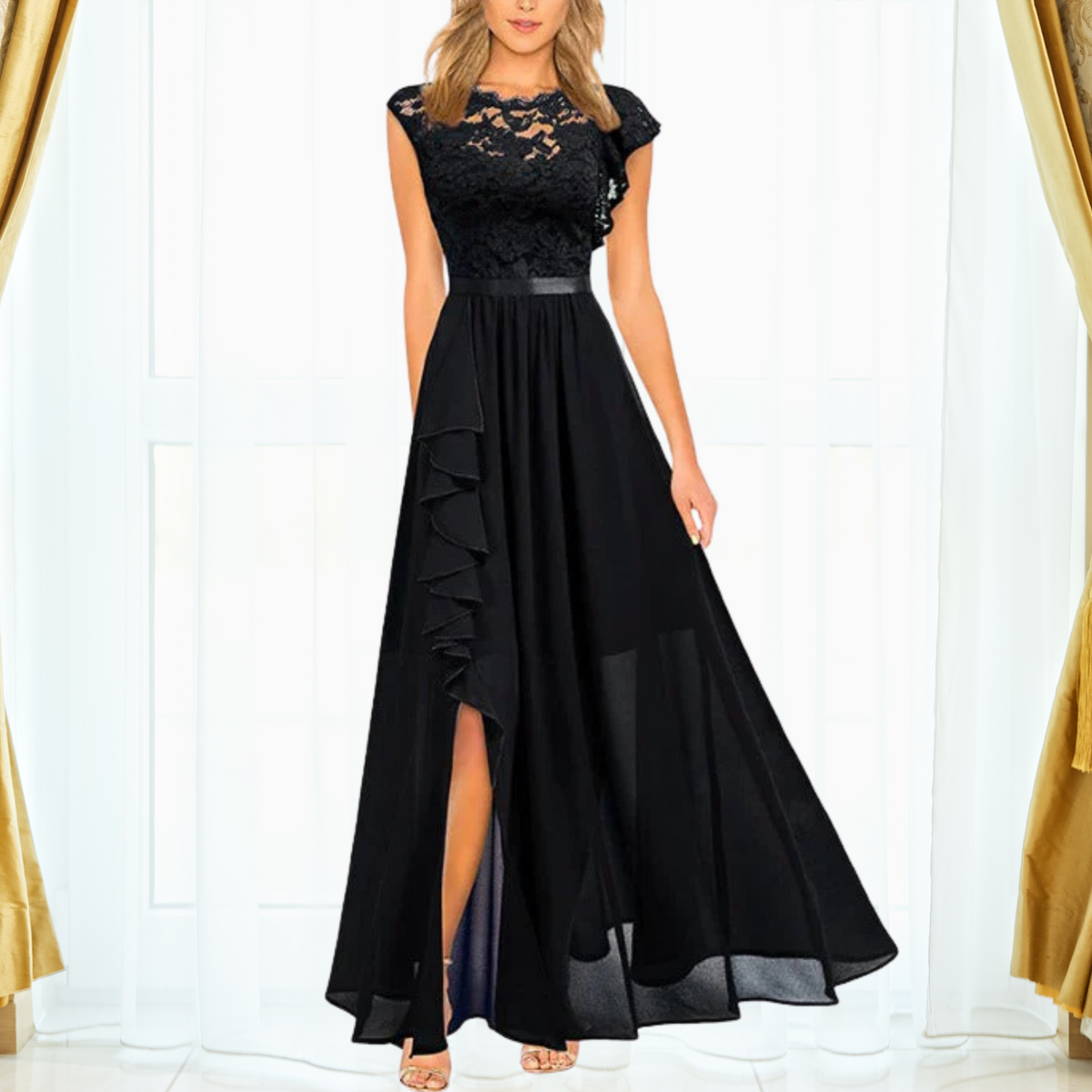 Women's Long Chiffon Dress With Lace And A Slit – An Elegant Maxi Dress For Parties And Special Evening Occasions