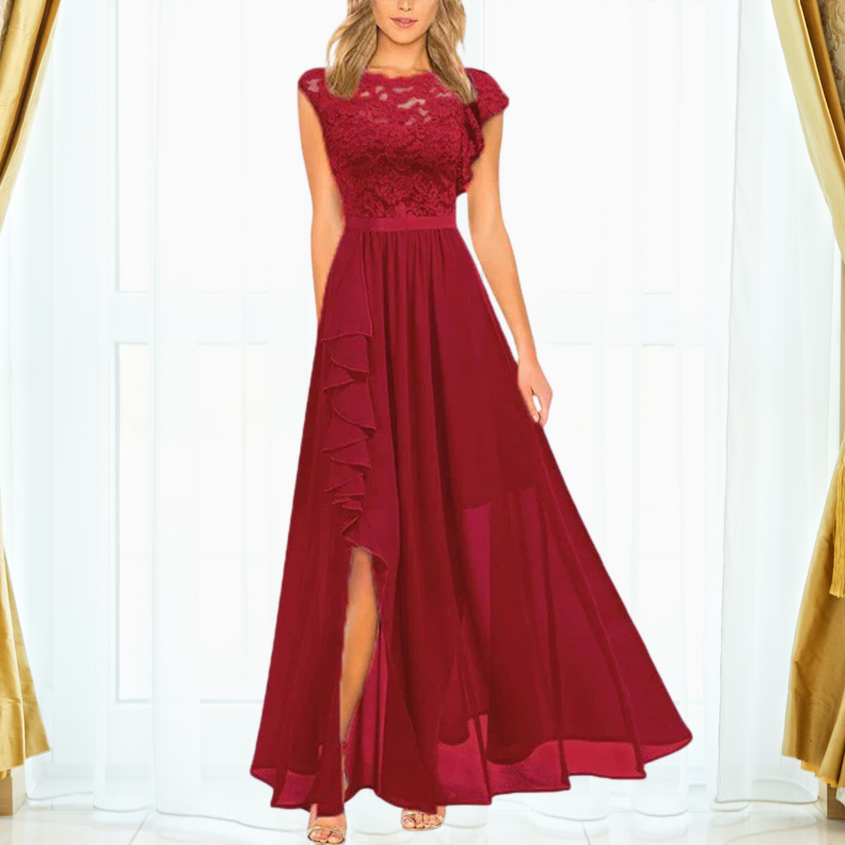 Women's Long Chiffon Dress With Lace And A Slit – An Elegant Maxi Dress For Parties And Special Evening Occasions
