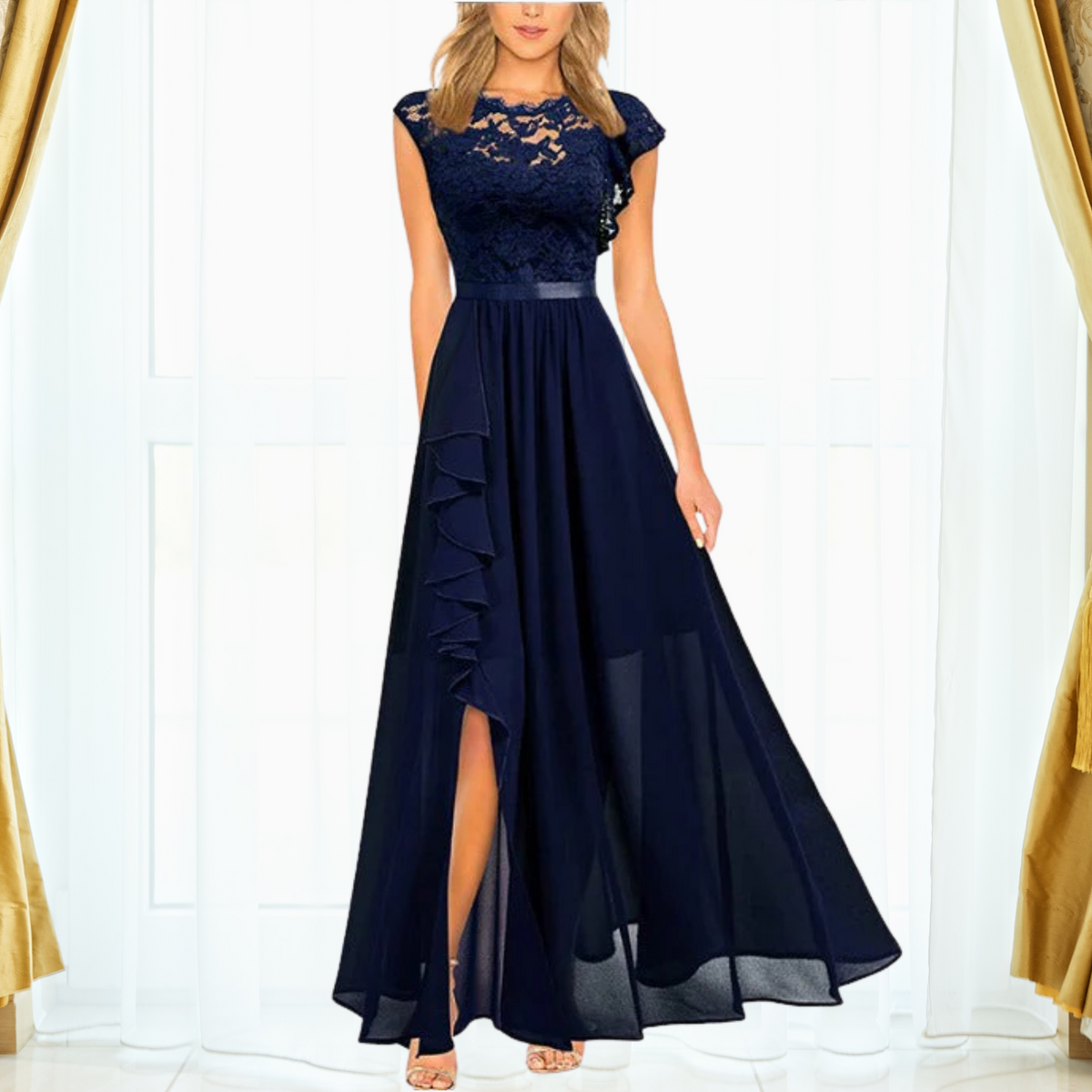Women's Long Chiffon Dress With Lace And A Slit – An Elegant Maxi Dress For Parties And Special Evening Occasions
