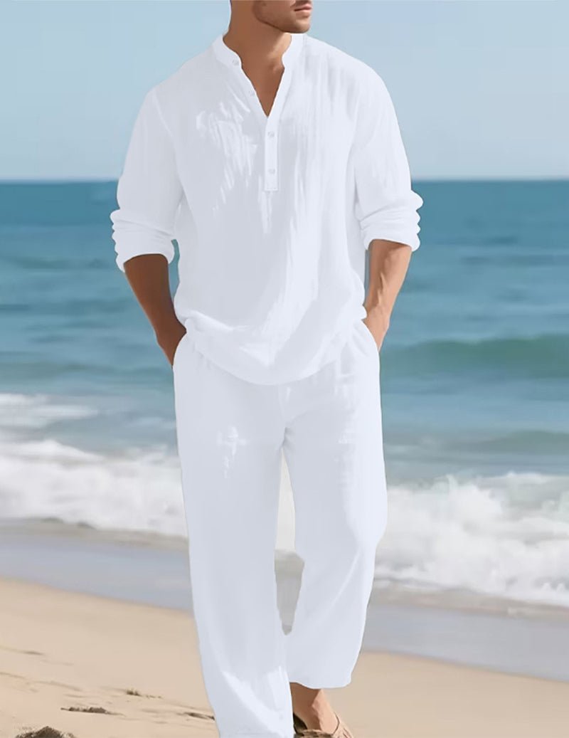 Men's Linen Henley Set - Relaxed Fit Trousers For Smart Casual Summer Wear