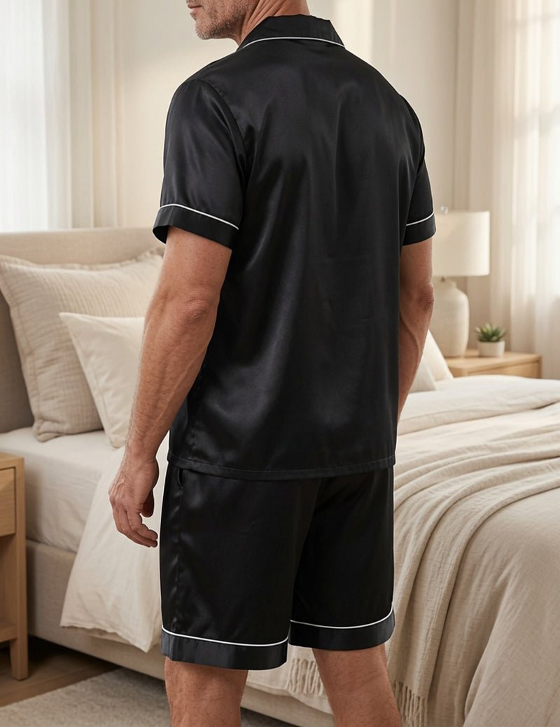 Men's Satin Pajama Set With Notched Lapels And Shorts – An Elegant Sleepwear Set For Relaxation, Lounging At Home, And Cozy Evenings