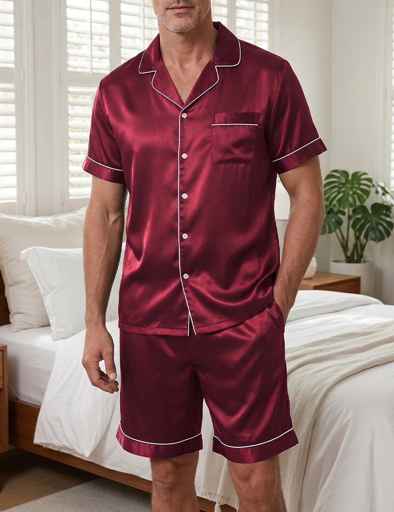 Men's Satin Pajama Set With Notched Lapels And Shorts – An Elegant Sleepwear Set For Relaxation, Lounging At Home, And Cozy Evenings