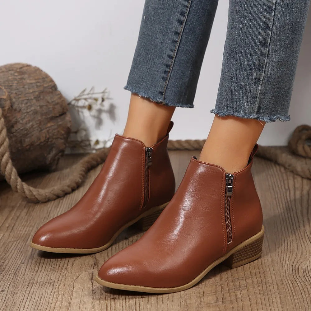 Mila | Women Black Leather Side Zip Low Heel Ankle Boots
