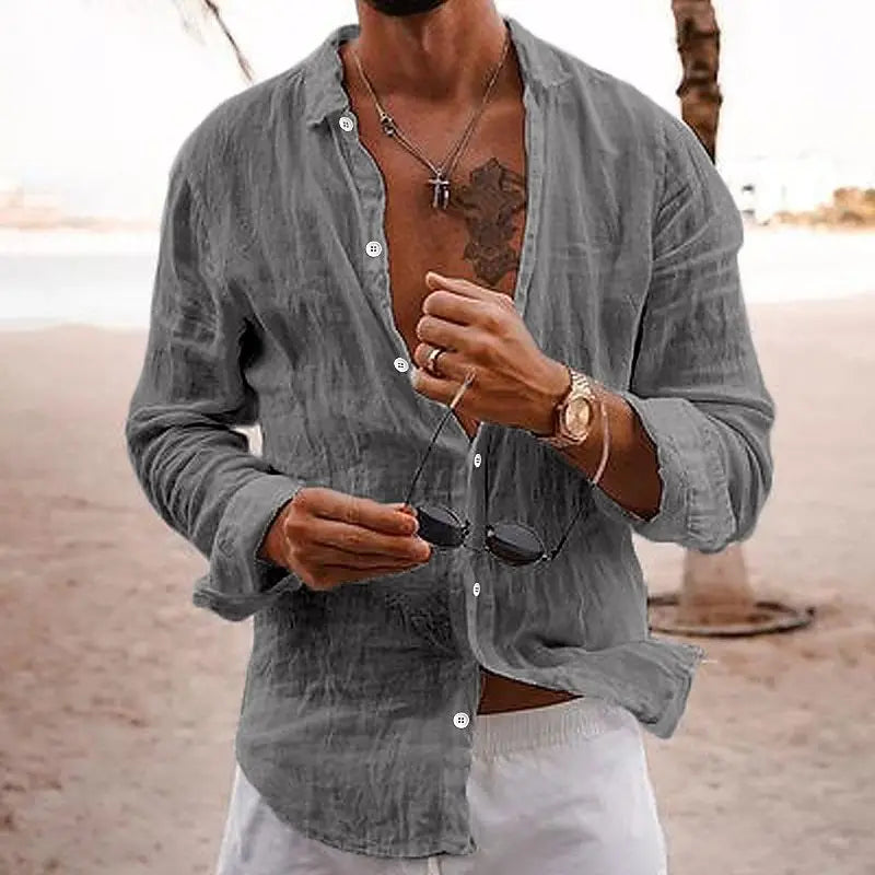 Men's Linen Shirt - Long-sleeve Casual Beach Shirt For Summer And Holiday Wear