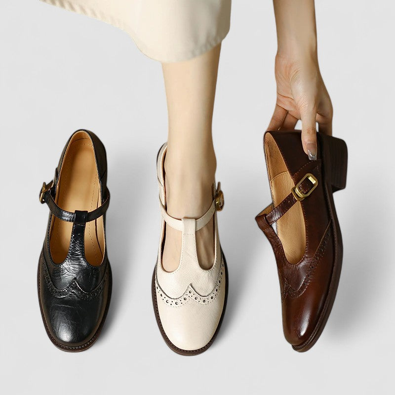 Elena | Women Cream Buckle Mary Jane Flats