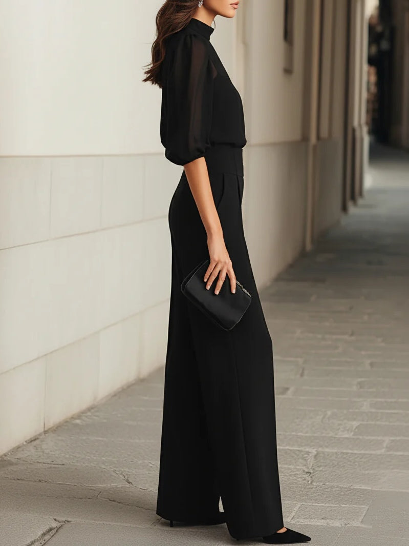 Women's 3-piece Festive Pantsuit With A Sheer Top And Puff Sleeves – An Elegant Ensemble For Evening Parties, Formal Occasions, And Special Events