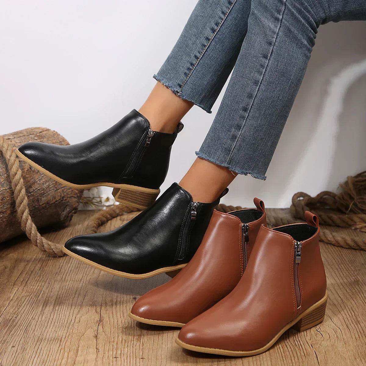 Mila | Women Black Leather Side Zip Low Heel Ankle Boots