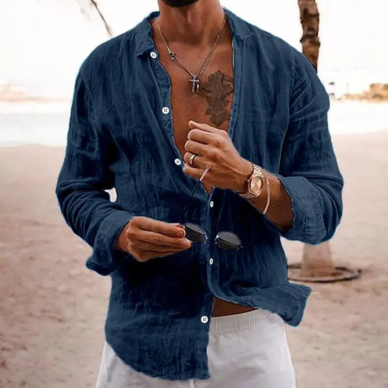 Men's Linen Shirt - Long-sleeve Casual Beach Shirt For Summer And Holiday Wear