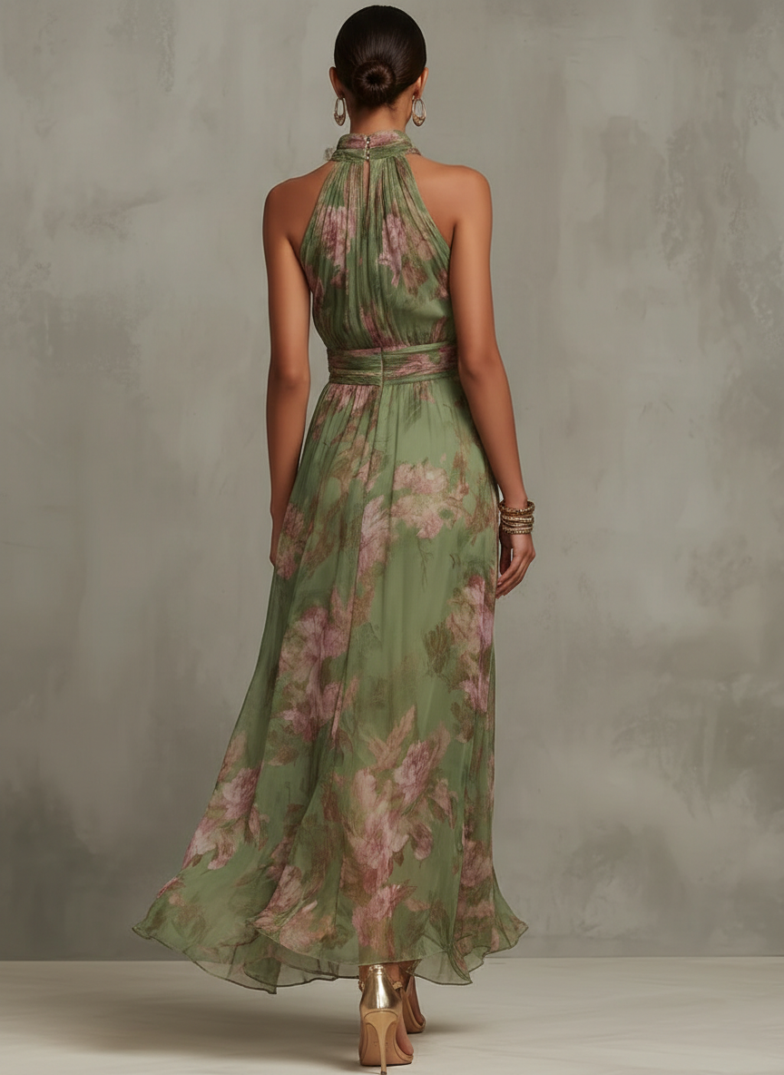 Women's Printed Halterneck Maxi Dress - Flowing Occasion Style For Elegant Summer Wear
