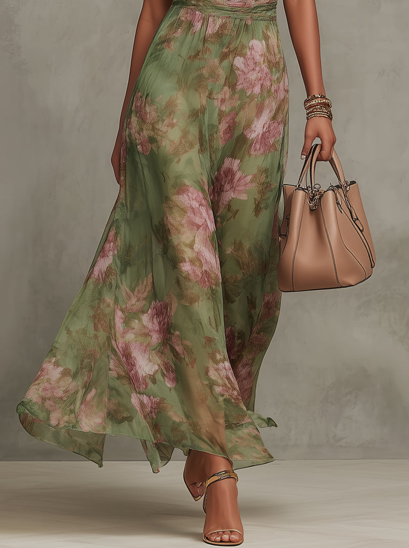 Women's Printed Halterneck Maxi Dress - Flowing Occasion Style For Elegant Summer Wear