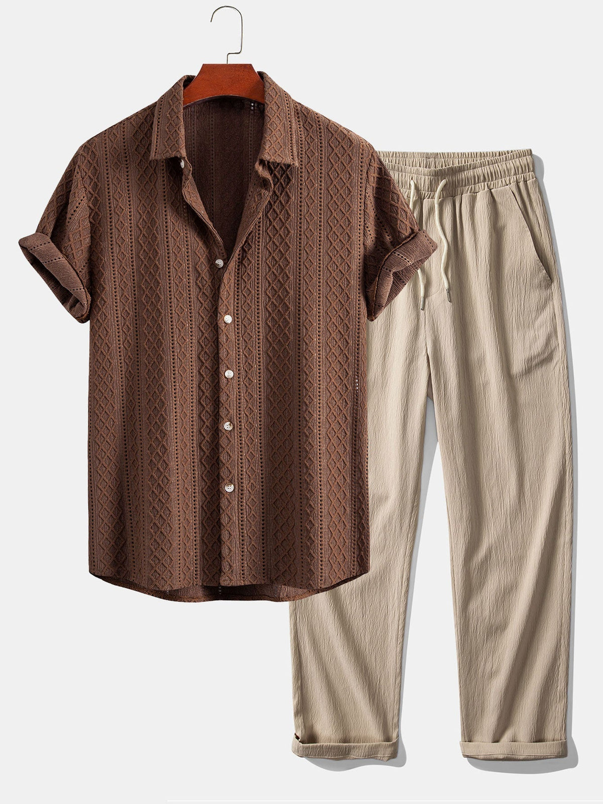 Men's Jacquard Shirt And Straight-leg Trousers Set - Relaxed Smart Casual Two-piece Outfit