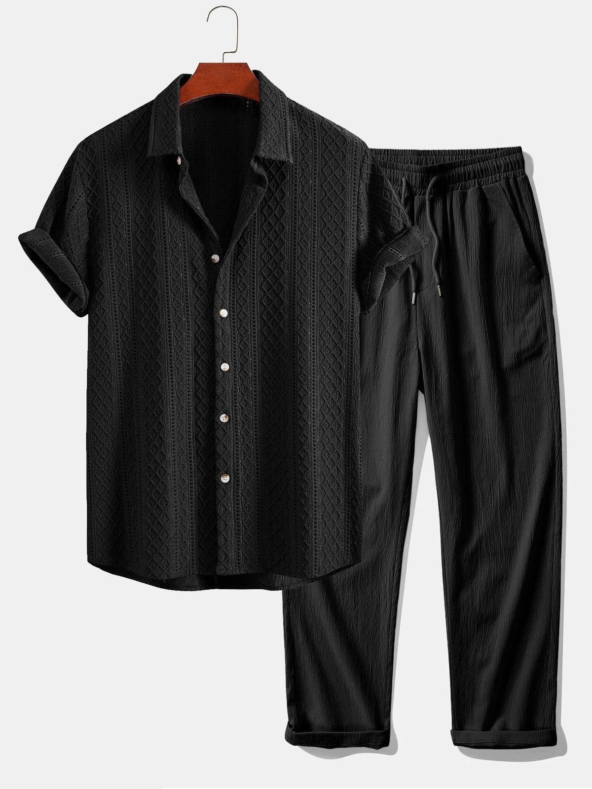 Men's Textured Jacquard Shirt And Trousers Set - Relaxed Two-piece Outfit For Effortless Smart Casual Style