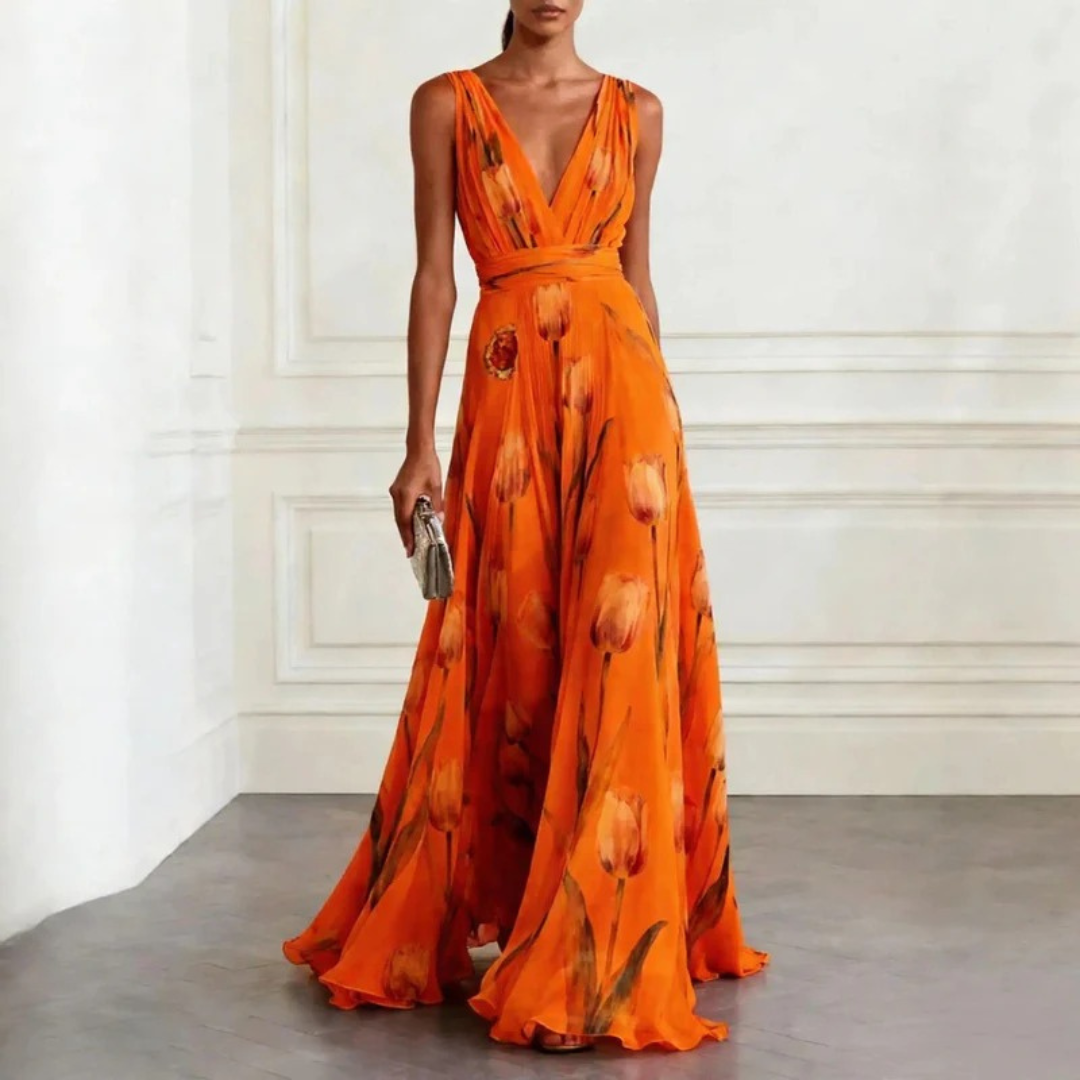 Women's Patterned V-neck Maxi Dress – An Elegant, Figure-flattering Dress For Weddings, Summer Parties, And Special Occasions