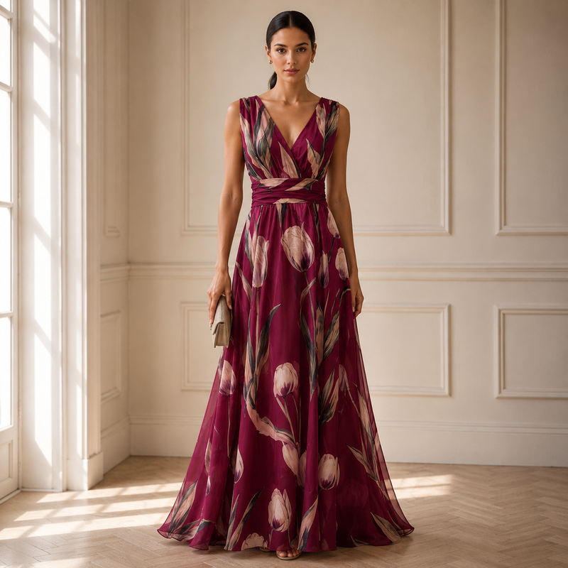 Women's Patterned V-neck Maxi Dress – An Elegant, Figure-flattering Dress For Weddings, Summer Parties, And Special Occasions