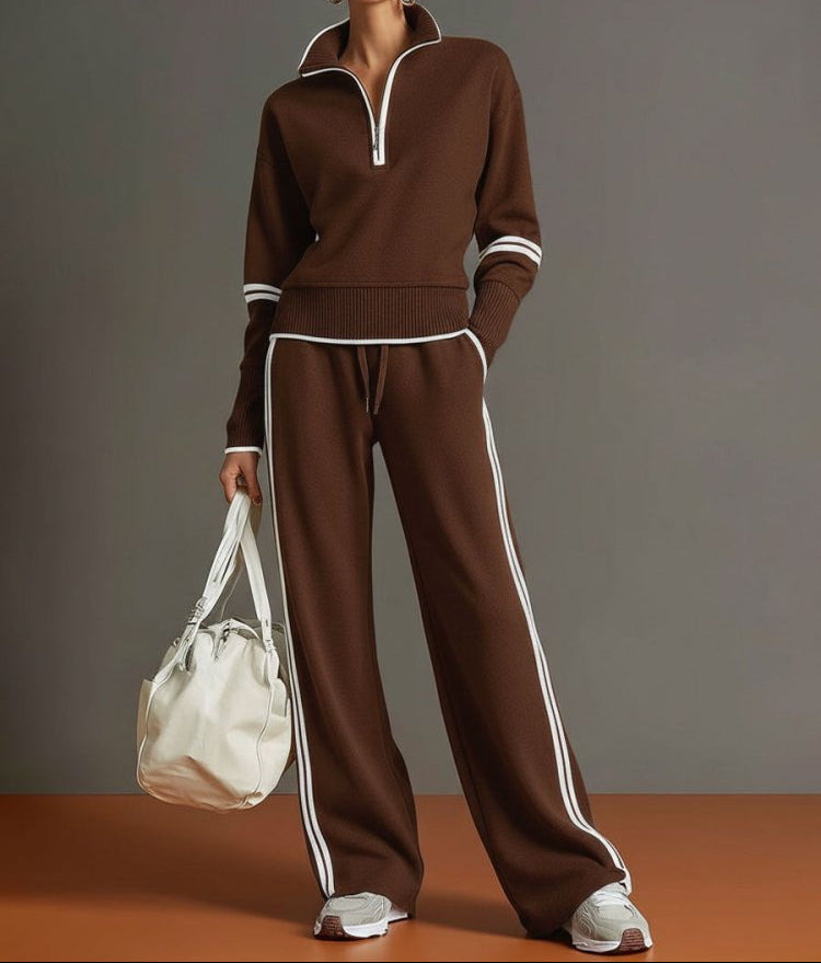 Women's Half-zip Lounge Set With Soft Stretch Fabric And Wide Legs – A Comfortable Travel Set For Everyday Wear, Relaxation, And Leisure